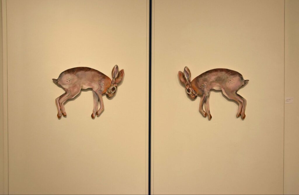 Girls, 2 26 x 29 inch pieces, oil, gems, glitter on panel (2023)