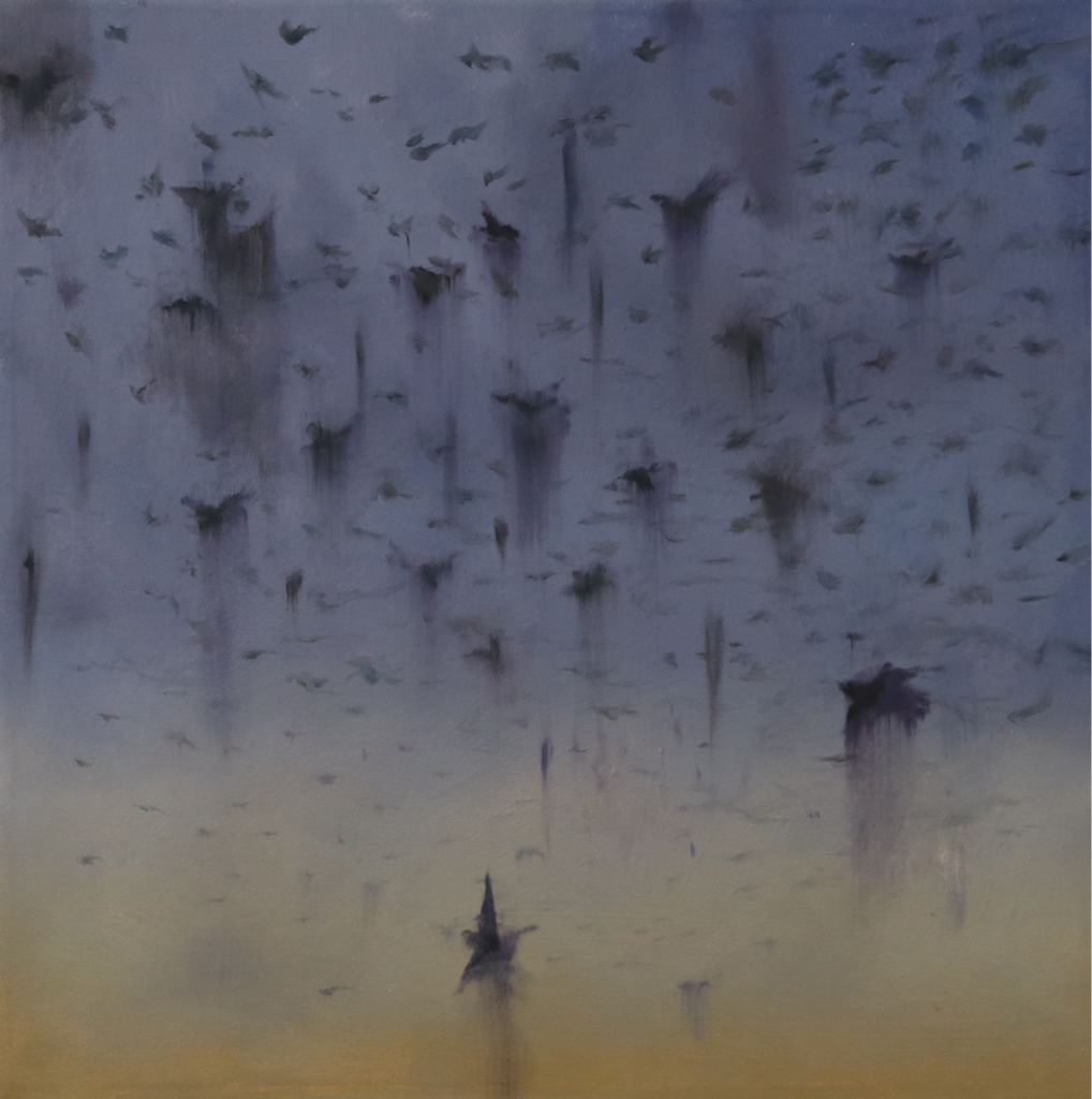 Harbinger (Murder), 2 x 2 feet, oil on canvas (2024)